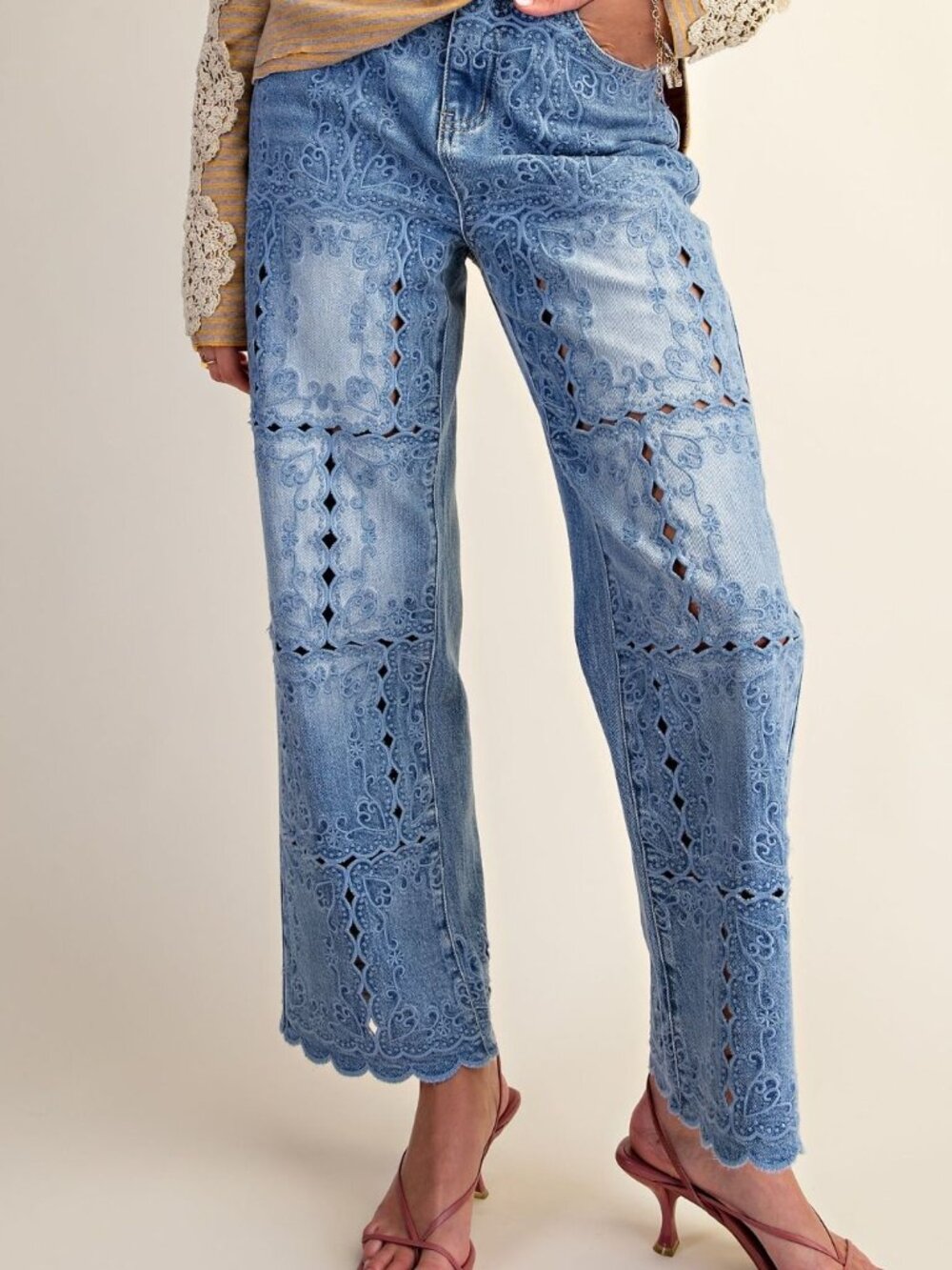 NEW ARRIVAL - EASEL EMBROIDERY CUT OUT DETAILING WASHED DENIM PANTS